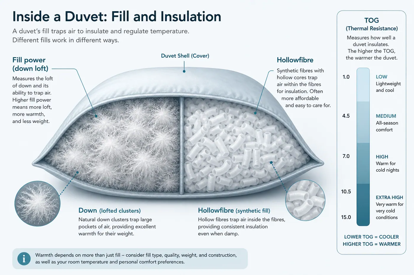 Educational diagram linking TOG insulation bands with down loft versus synthetic hollowfibre fill structures