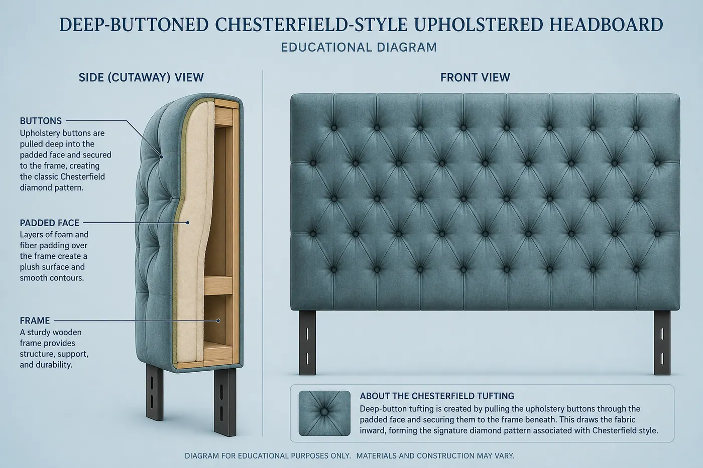 Educational diagram of a deep-buttoned Chesterfield-style headboard face with labelled tufting and frame outline