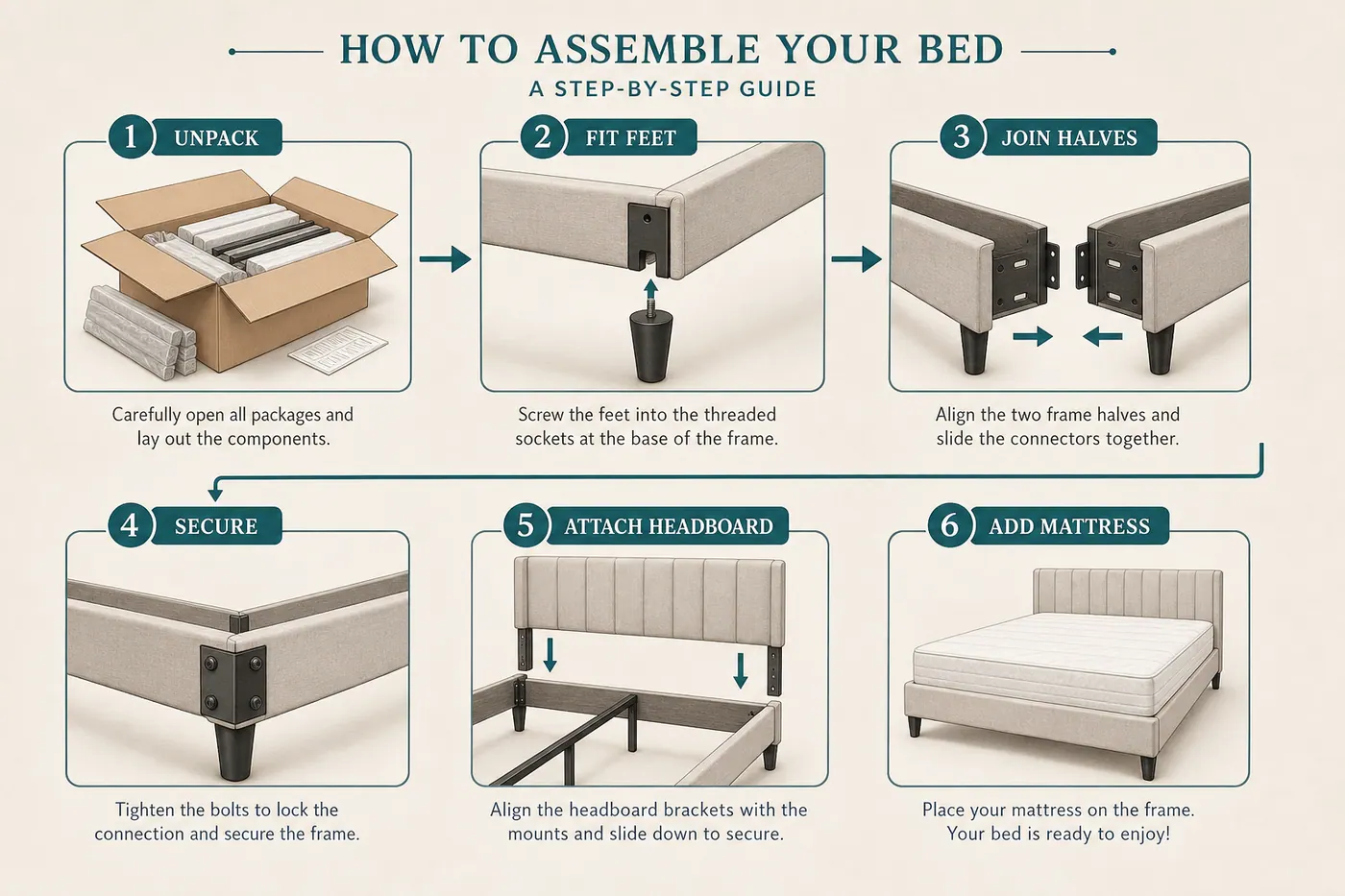 Educational flowchart for bed assembly order: unpack, feet, join halves, headboard, mattress