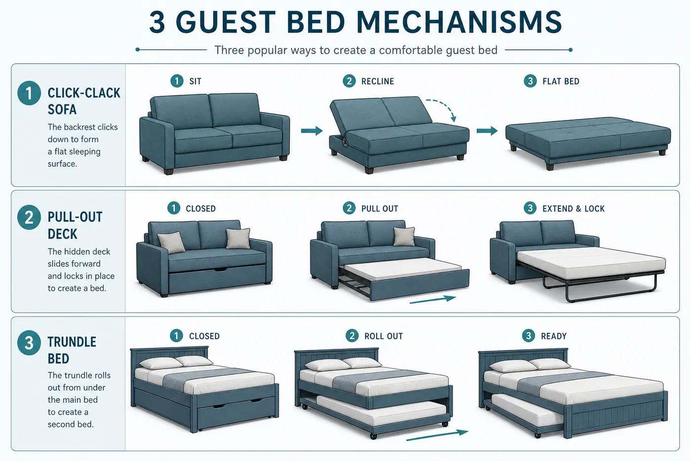 Educational diagram of click-clack, pull-out and trundle guest bed mechanisms with open footprints labelled