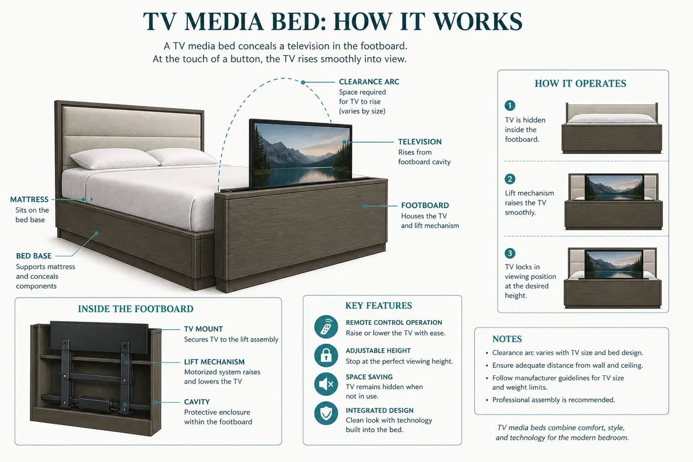 Educational diagram of a TV bed footboard with a screen rising on a lift mechanism