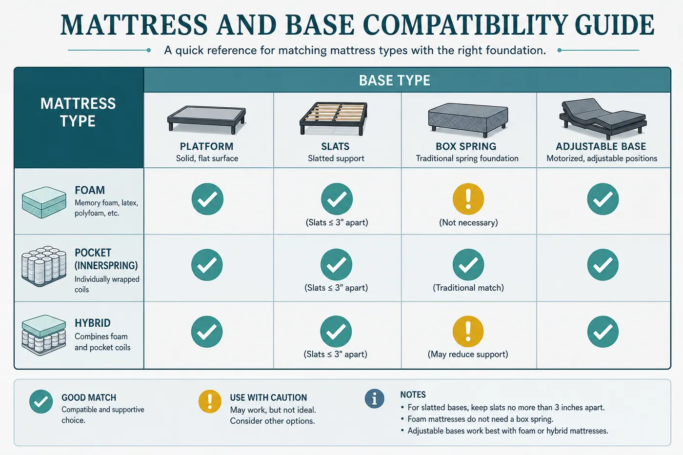 Educational matrix diagram matching foam, pocket and hybrid mattresses to platform, slatted, box-spring and adjustable bases