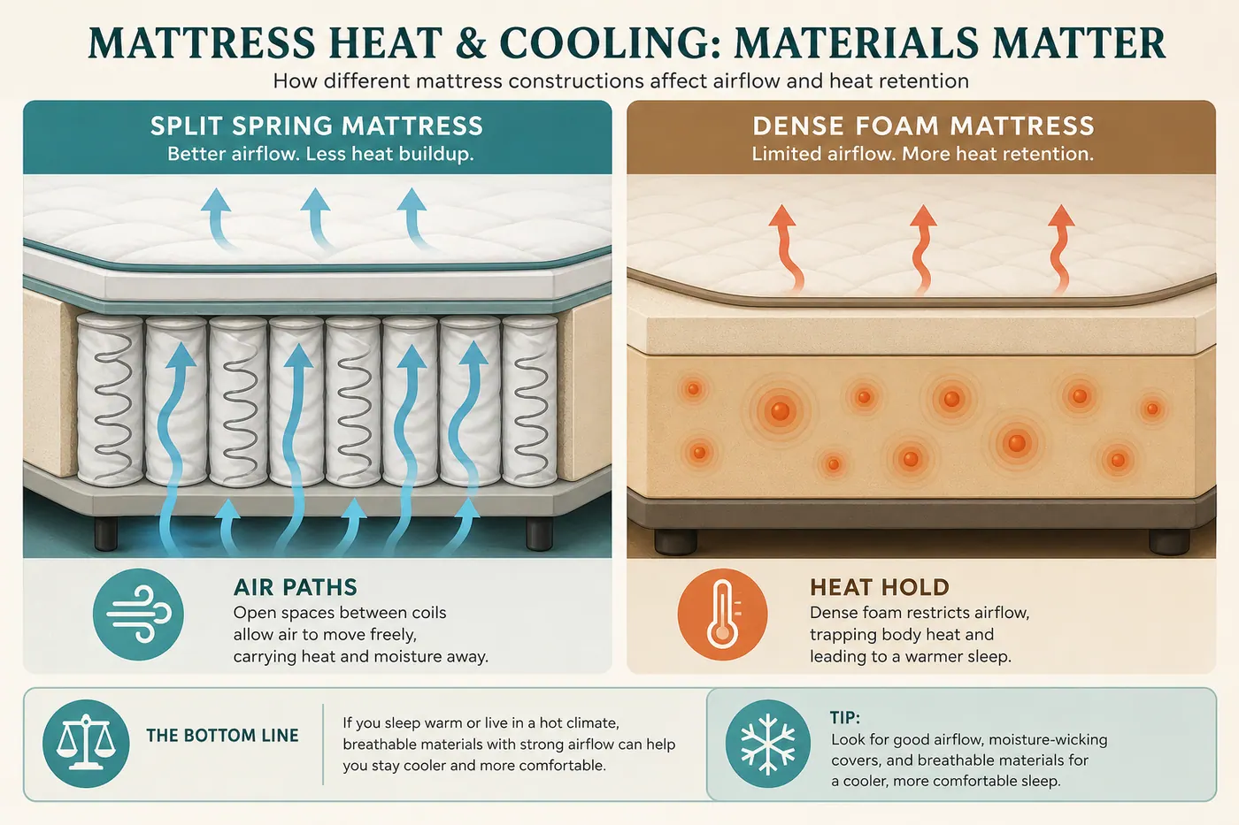 Comparison diagram of airflow through spring units versus heat hold in dense foam