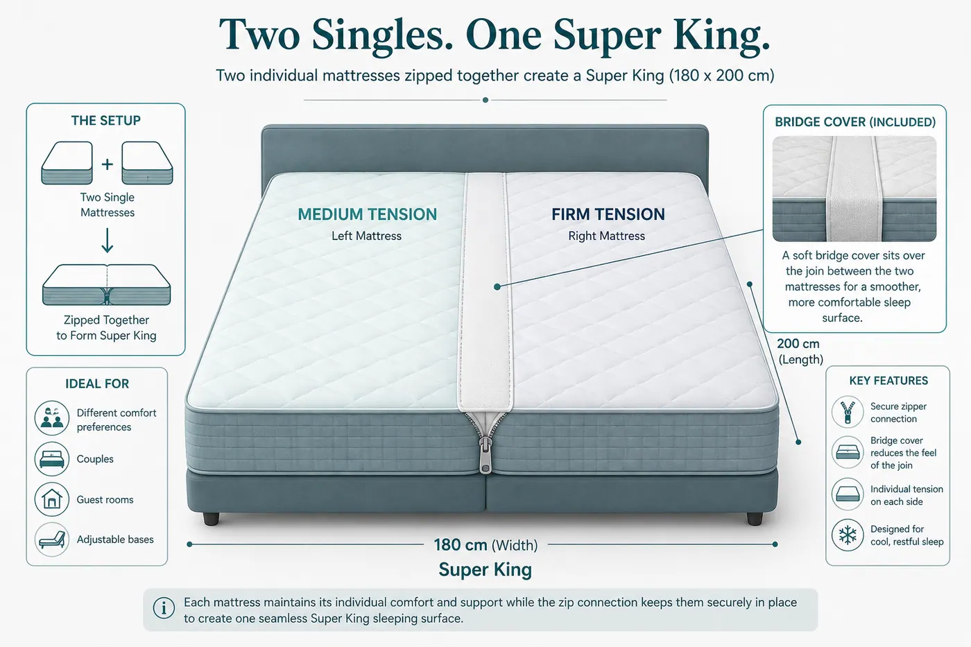 Educational diagram of two Single mattresses zipped into a Super King with different tension labels on each half